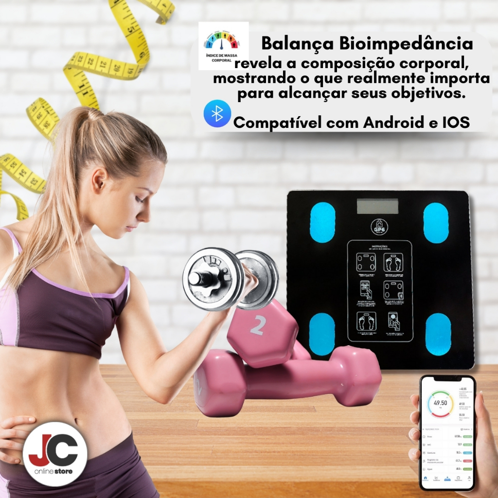 Balança Bioimpedância Digital Corporal Profissional Bluetooth Vidro Temparado 13 Funções Android IOS