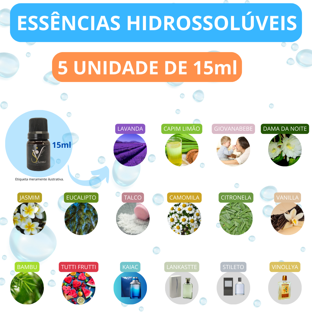 Essência Para Aromatizador e Difusor a Base de Água kit 5 unidades – 15ml
