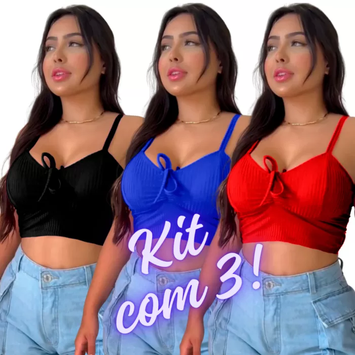 KIT 3 Cropped Feminino Canelado de Puxar Decote Aj