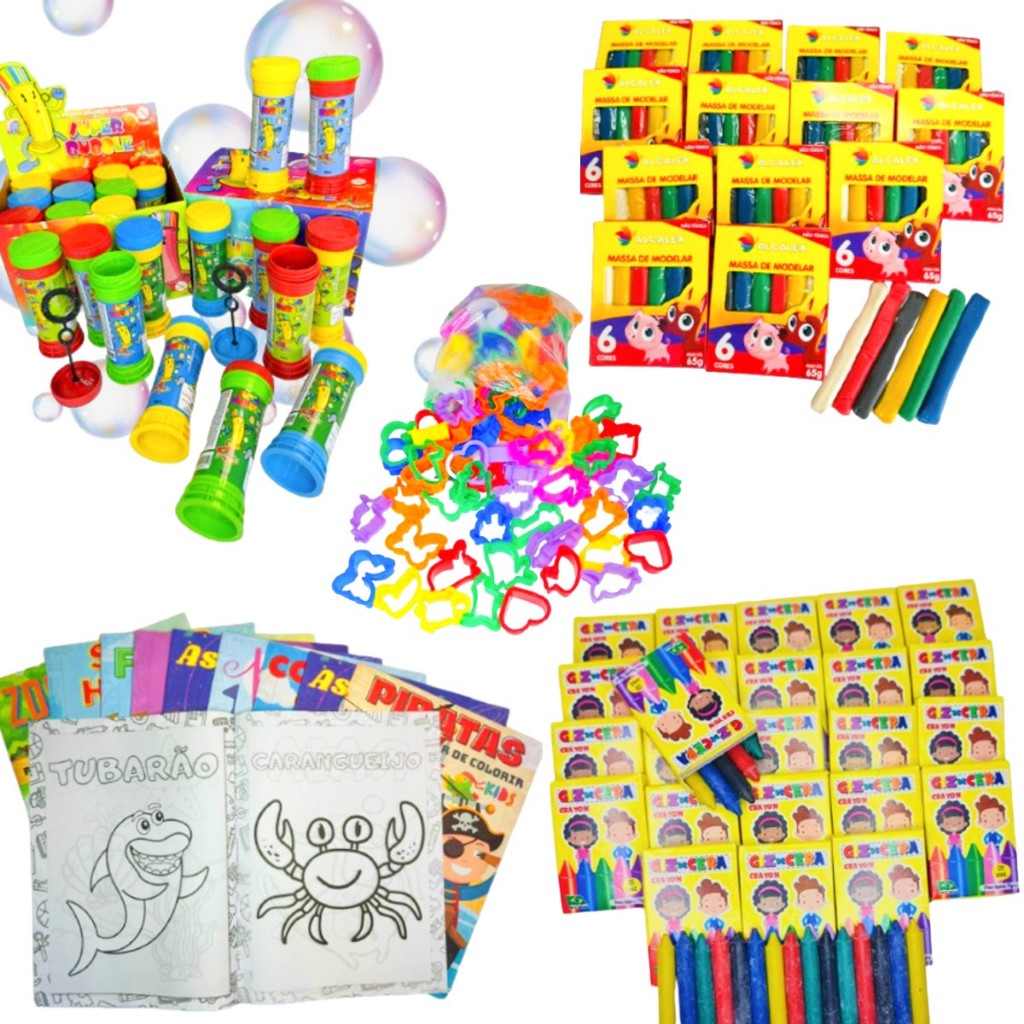 Kit 10 Massinha Modelar + 10 Bolha Sabão + 10 Giz Cera + 20 Corta + 10 Colorir Lembrancinha Infantil