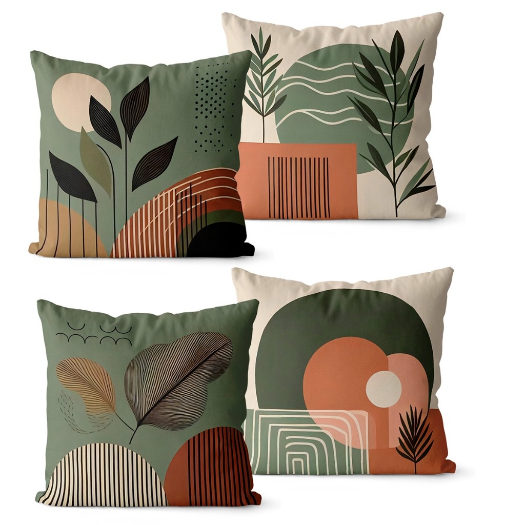 Kit 4 Capas de Almofadas Decorativas 45×45 – Floral Verde e Bege