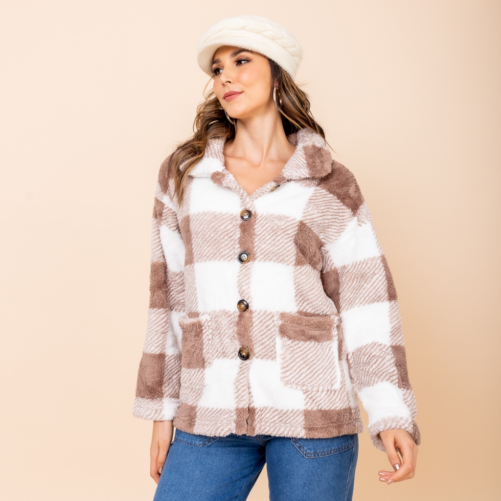 Casaco Feminino Teddy Quadriculado Botões Bolsos Jaqueta Inverno Grossa Xadrez Pelinho Festa Junina