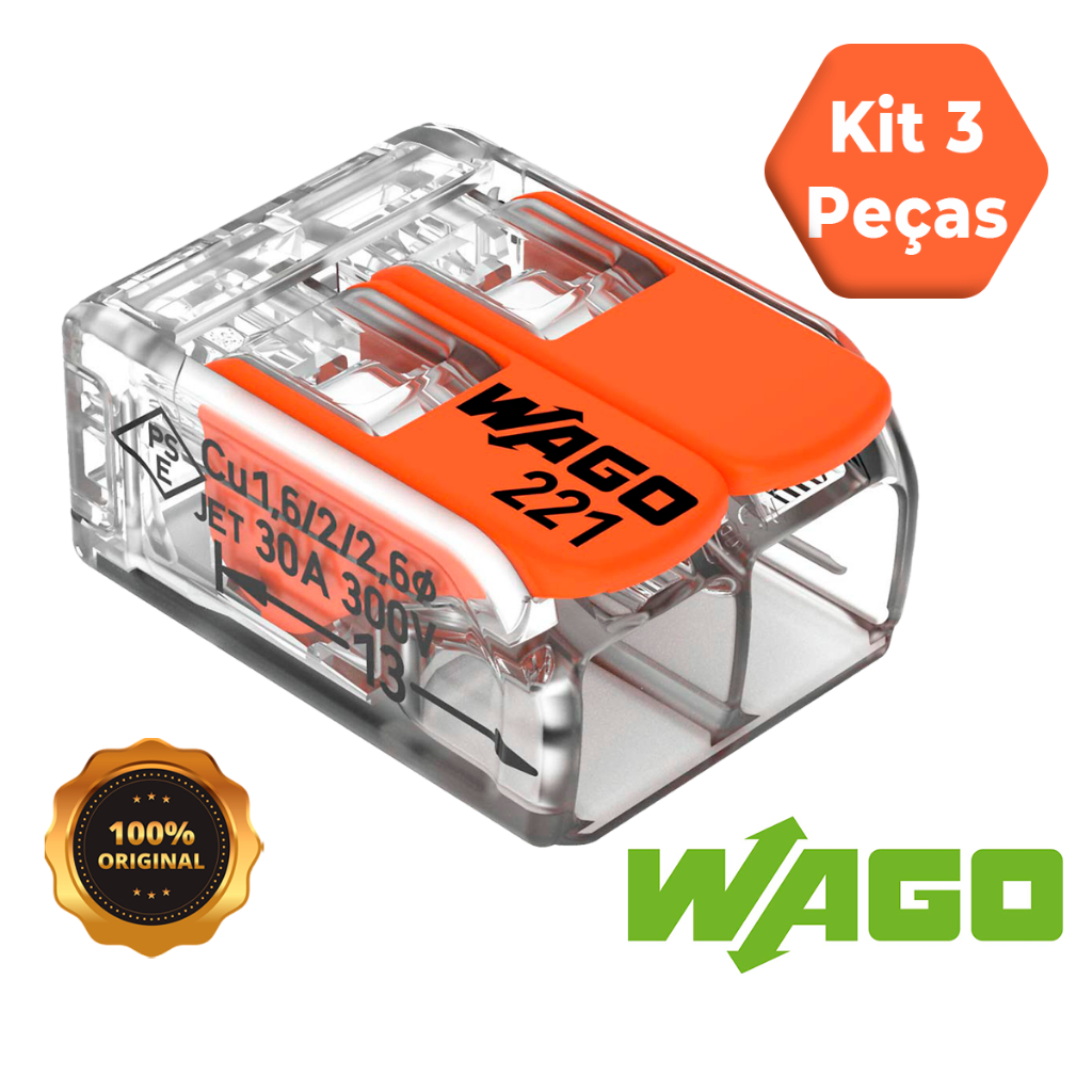 Conector de Fio Elétrico Wago 221-612 Wago Emenda Chuveiro 6mm 41A Conexão Automática Kit 3 Peças