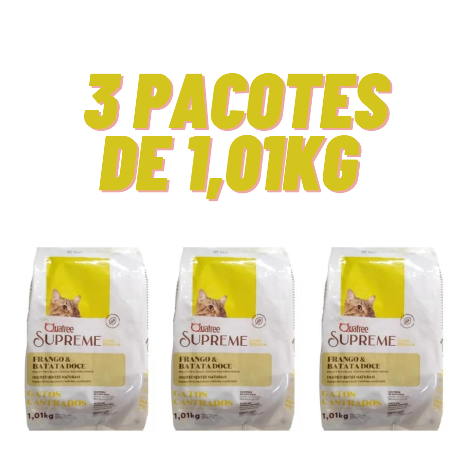 Kit Ração 1kg 1, 2, 3 Pacotes Ração Quatree Supreme Gatos Castrados Frango e batata doce