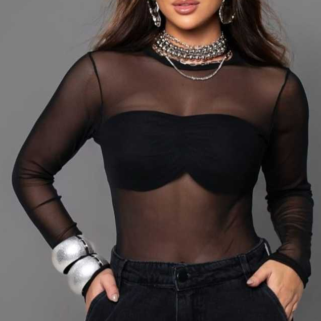 body feminino manga longa Liso balada Transparente