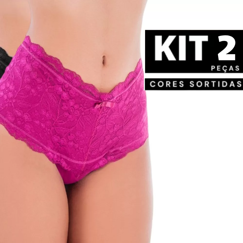 Kit 1 à 2 Calcinha Cintura Alta em Renda com Cós Alto Confortável
