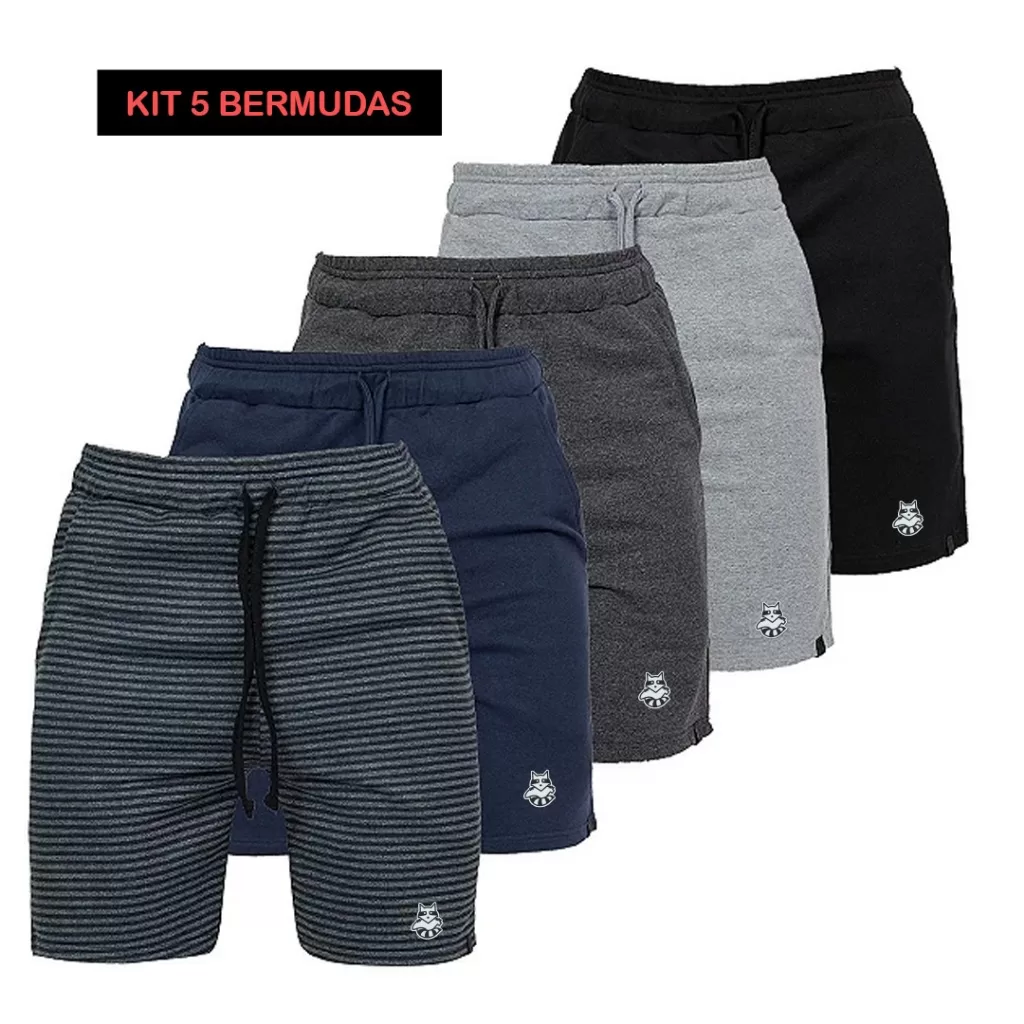 Kit 5 Bermudas Moletom Masculina Academia do P ao GG