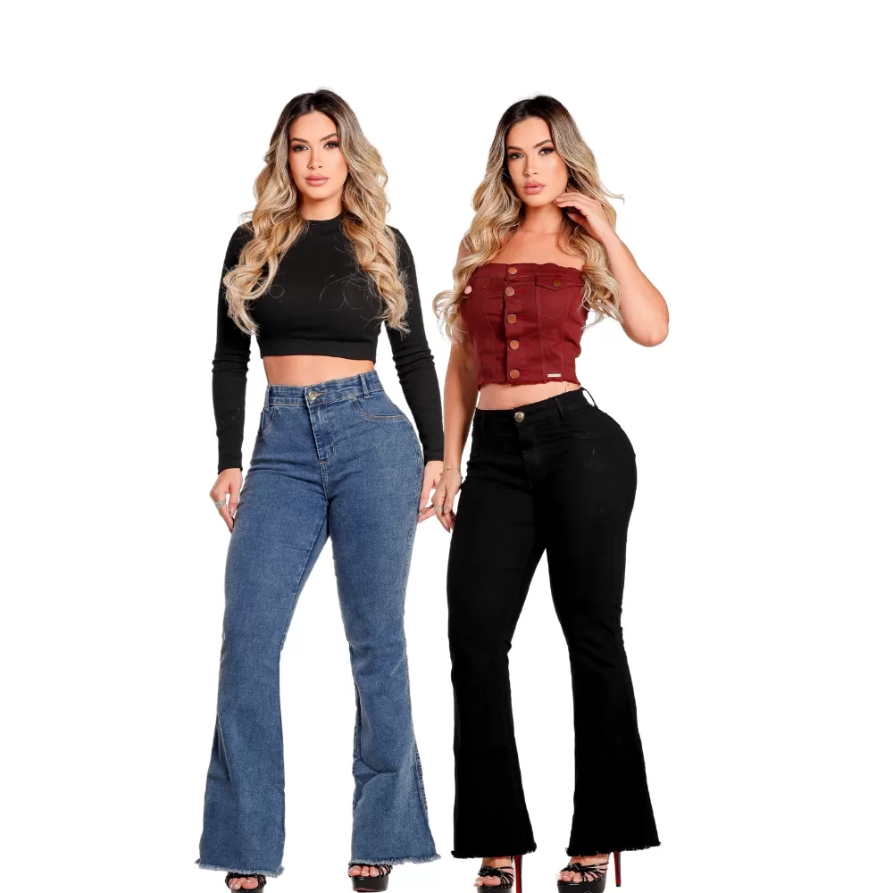 kit 02 Calças Flare Jeans Feminina Lycra Modelagem Levanta Bumbum Azul Clara e Preta