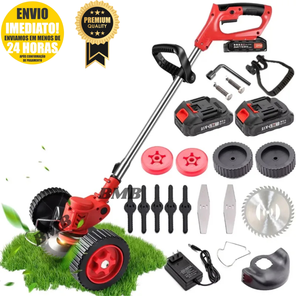Roçadeira Aparador Cortador De Grama Elétrico Recarregável Com Rodas 2 Baterias de Lítio kit complet