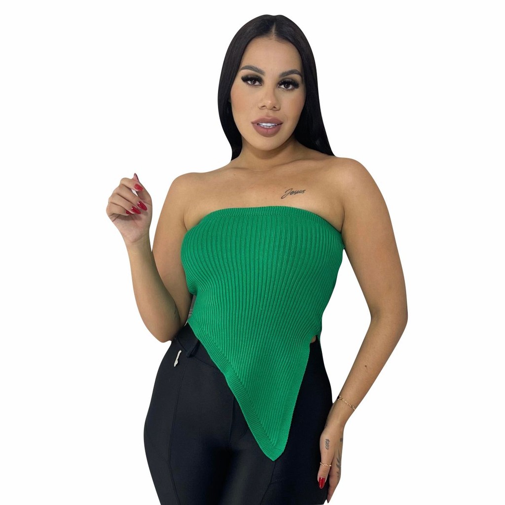 Cropped Tricô Modal Tomara Que Caia Canelado Lindo