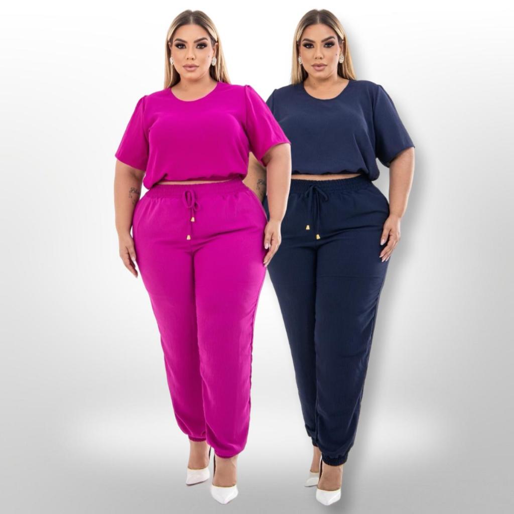 KIT 2 conjuntos calça jogger com forro e blusa com mangas plus size estiloso tradicional básico