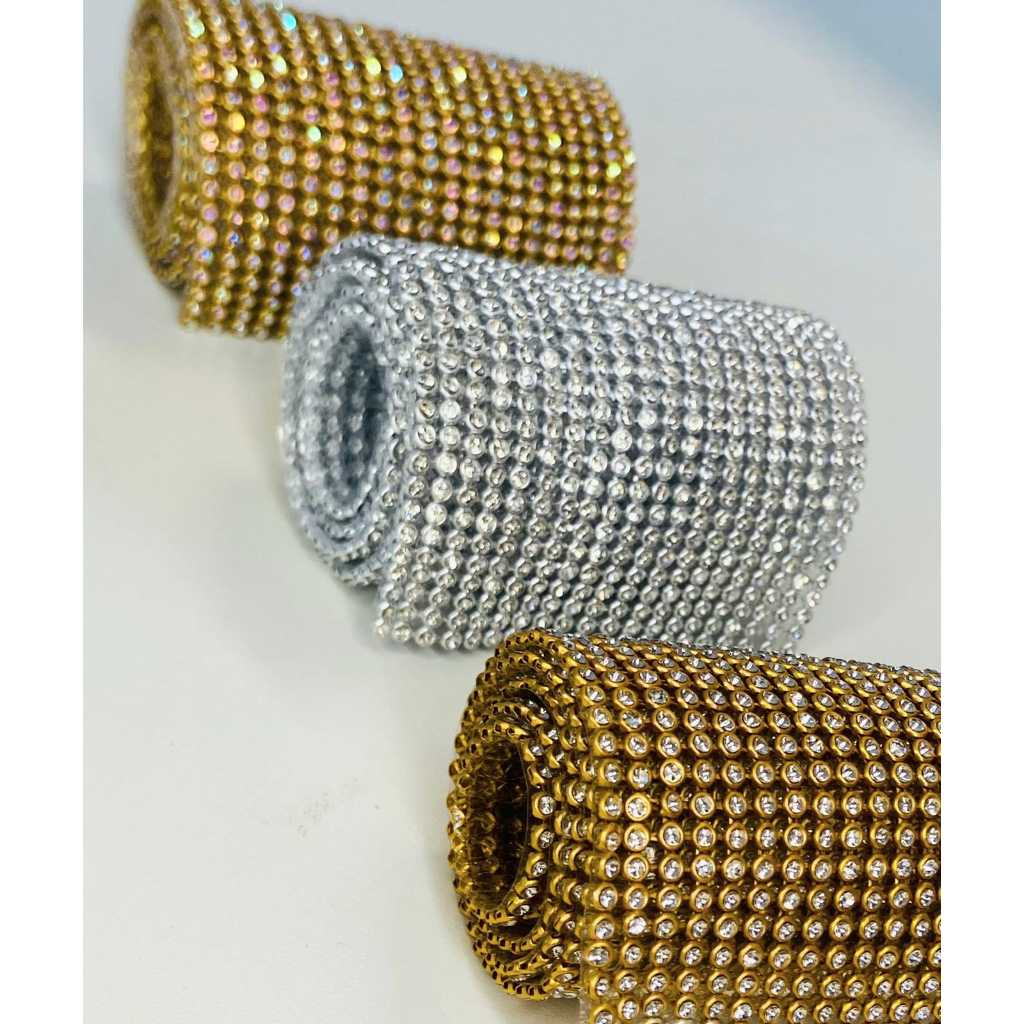 Manta de Strass para Artesanato Dourada Prata Colorida 45Cm Artesanato