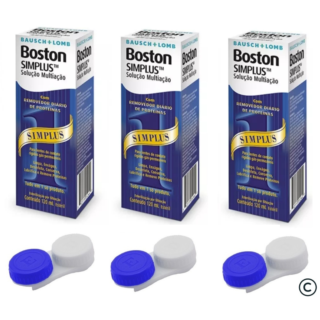 3 Soluções de Limpeza Boston Simplus® Para Lentes de Contato Rígidas + 3 Estojos