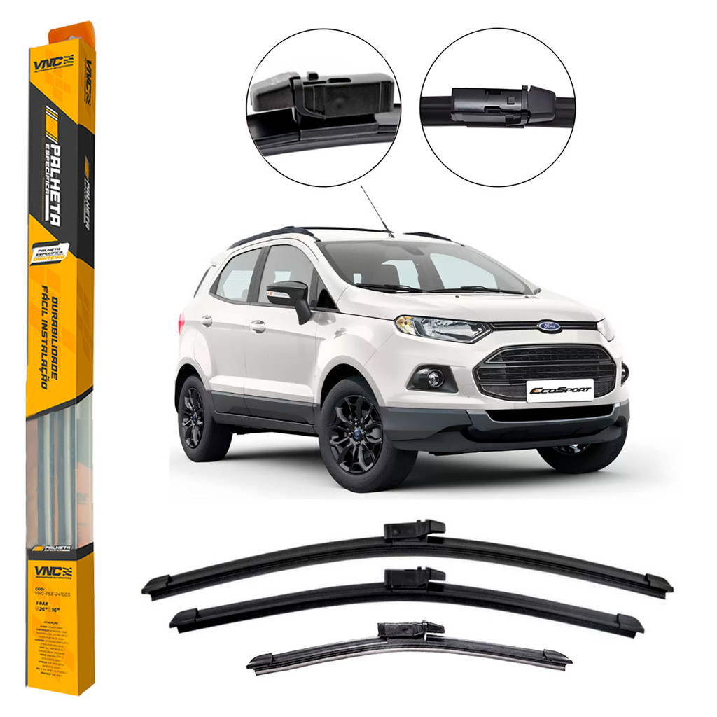 Kit 3 Palhetas Limpador de Parabrisa Dianteiro + Traseiro Ford Ecosport 2013 2014 2015 2016 2017
