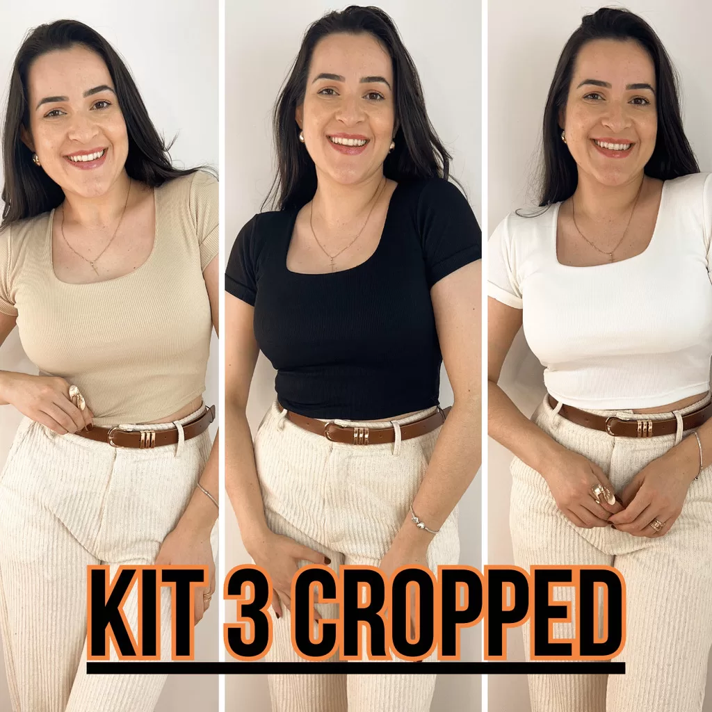 Kit 3 Blusa Cropped Feminino Manga Curta Gola U Canelado Ribana Elegante Casual Verao Confortavel