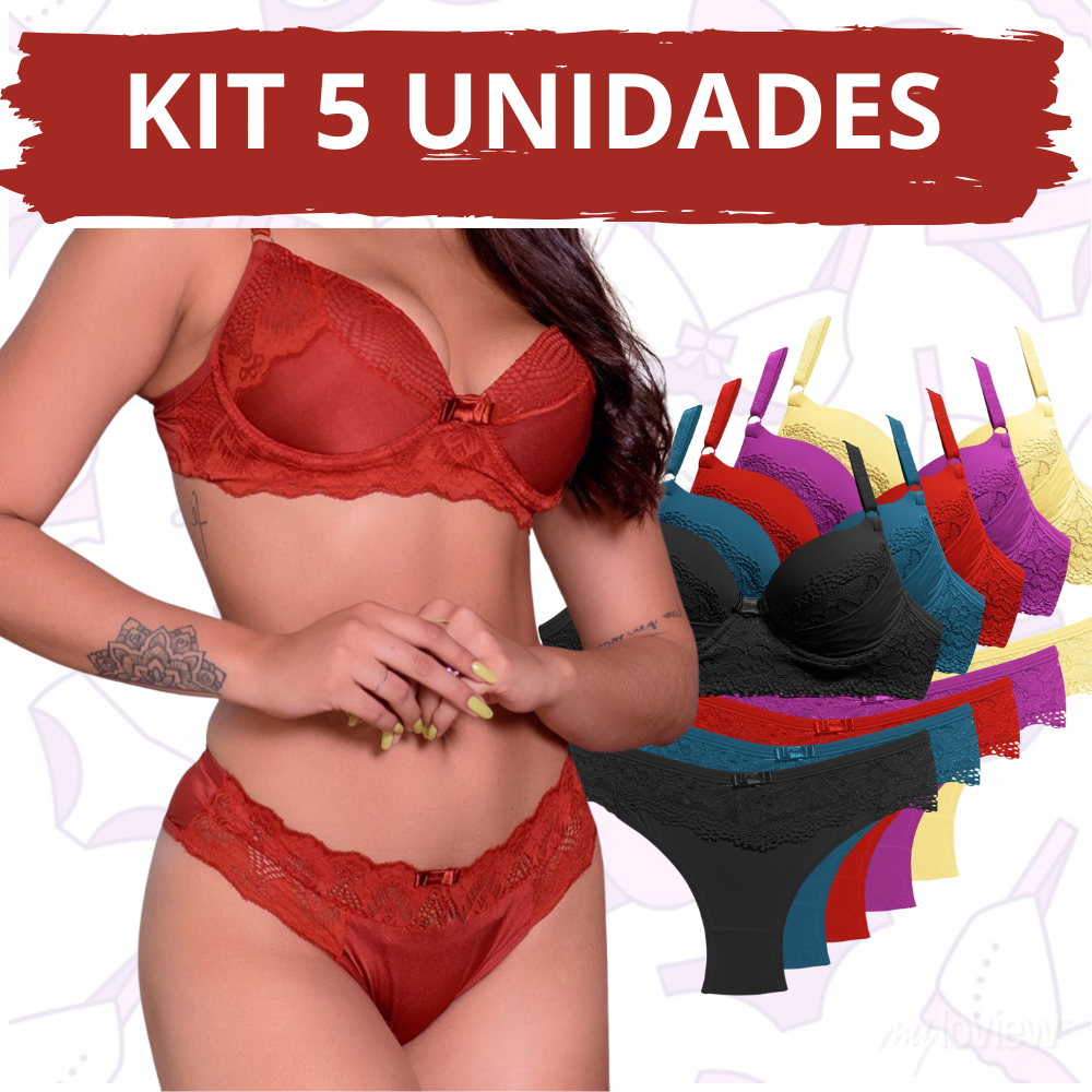 Kit com conjuntos de lingerie calcinha e sutiã com detalhes em Renda Em promoção