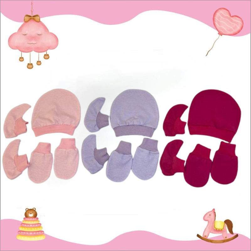 Kit 9 Peças 3 Toucas, 3 Pares Luvas e 3 Pares Sapatos de Bebê Recém Nascido Malha Hipoalergênico  10
