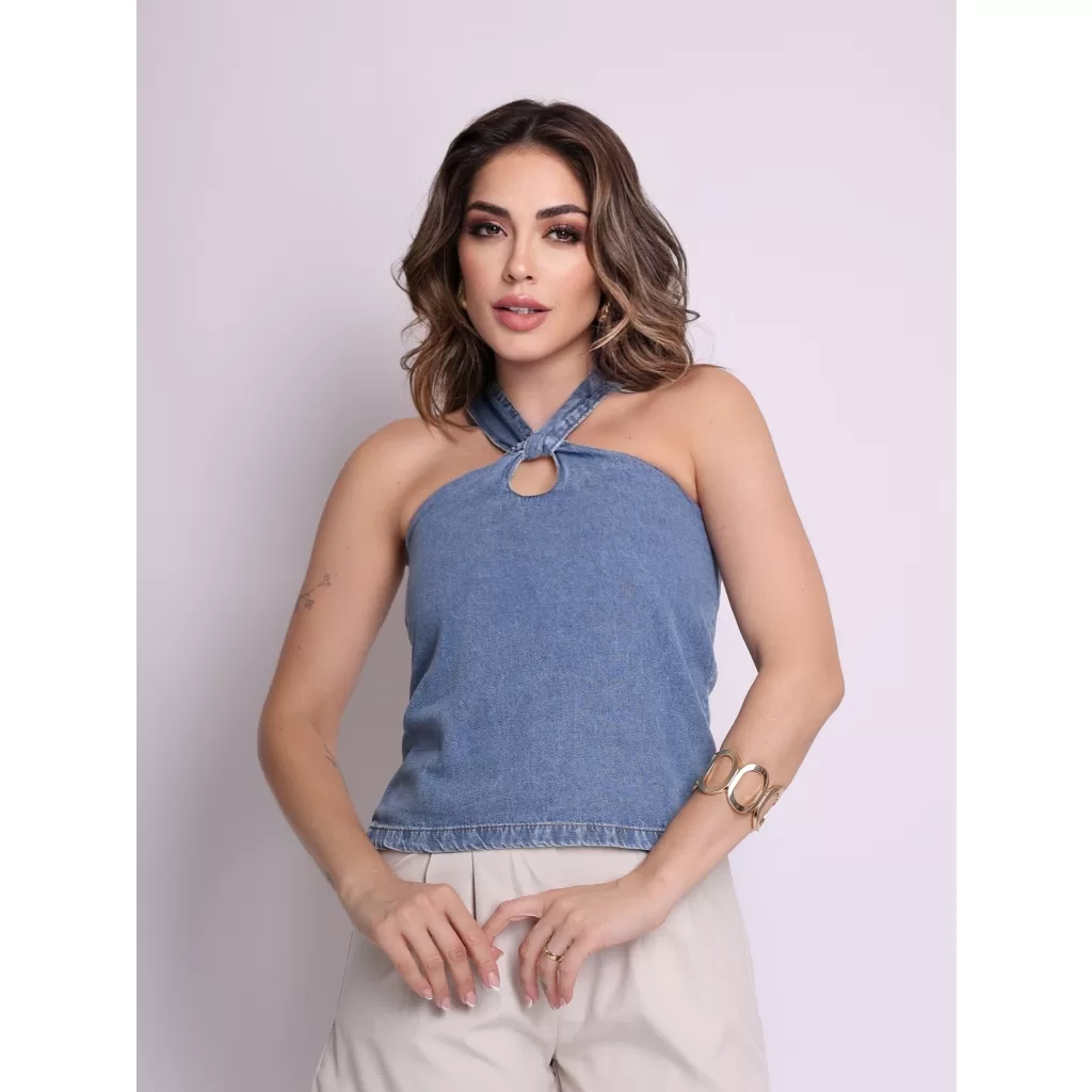 Blusa REGATA JEANS Feminina Elegante Alça Larga Cruzada Suplex Premium Regata Verão
