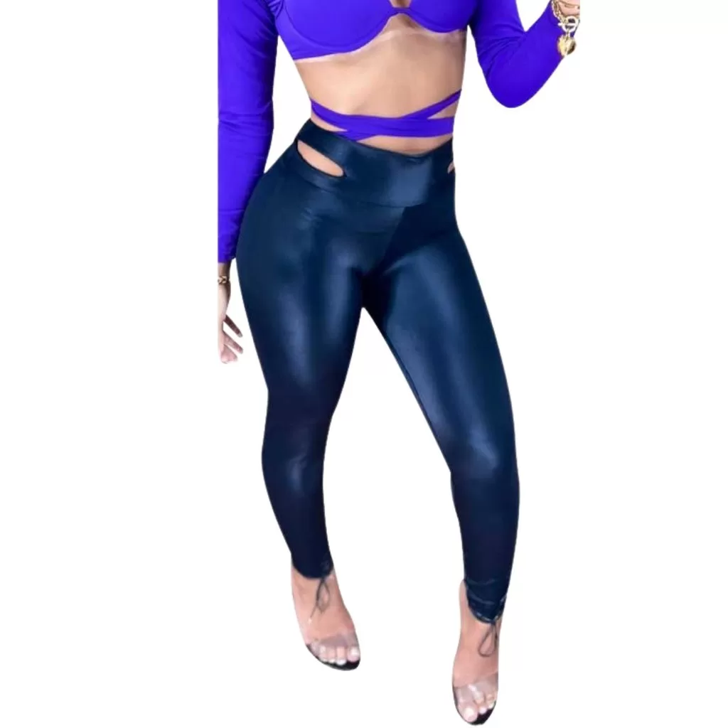 Calça Feminina Sexy Cintura Alta Justa Cirrê Brilho Preto Sensual Slim Fit Academia Festa Versátil