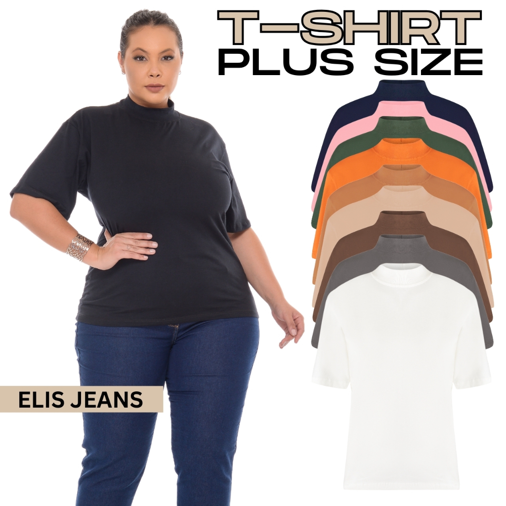 Blusa Plus Size Feminina Gola Alta Camiseta Básica 100% Algodão