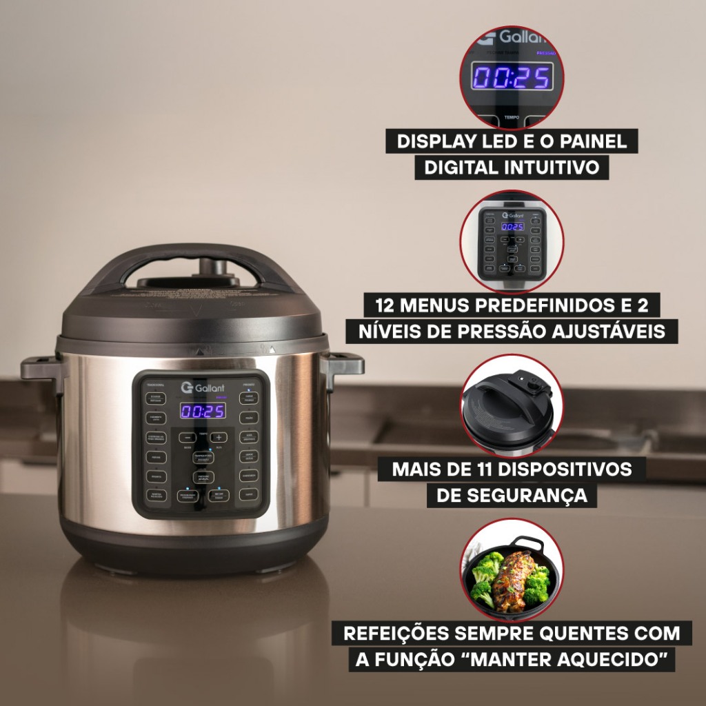 Panela de Pressão Elétrica Digital Gallant 6L GPP06 15 Funções Clique E Pronto Inox 1000W 220V