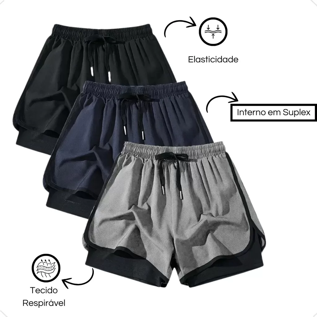 Kit 3 Shorts Duplo Suplex Masculino 2 em 1 Academia Fitness Kit 1 e 3 Short