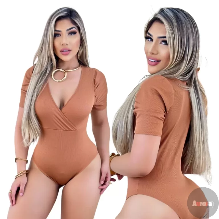 Body Feminino Malha Ribana Marrom Decote em V