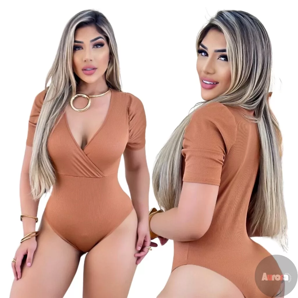 Body Feminino Malha Ribana Marrom Decote em V