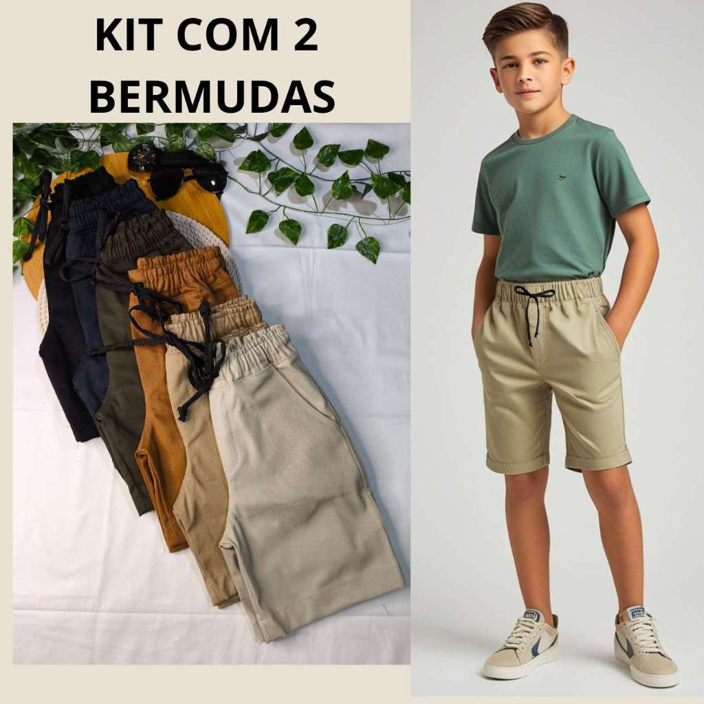 Kit 2 Bermudas Infantil Menino Short Sarja Brim Premium Juvenil Algodão 2 ao 12 anos