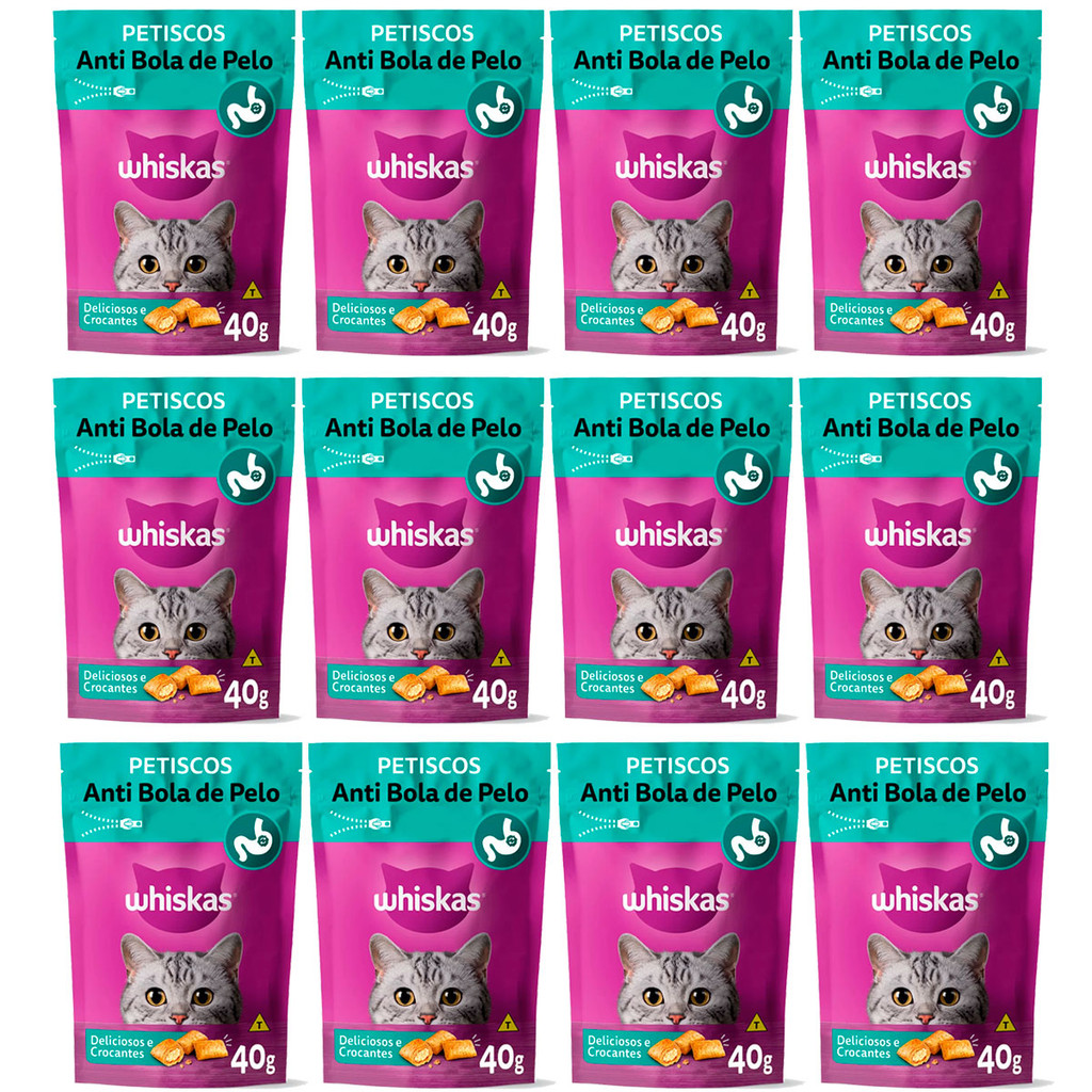 Kit 12 Sachês Petiscos Para Gato Whiskas Anti Bola De Pelo