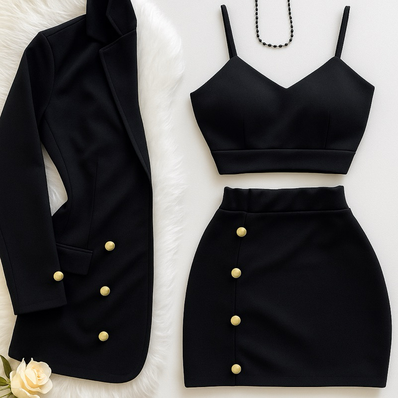 Conjunto Feminino  Kit 3 Peças Blazer Manga longa Short Saia e Cropped. Conjuntinho 3 em 1  com casa