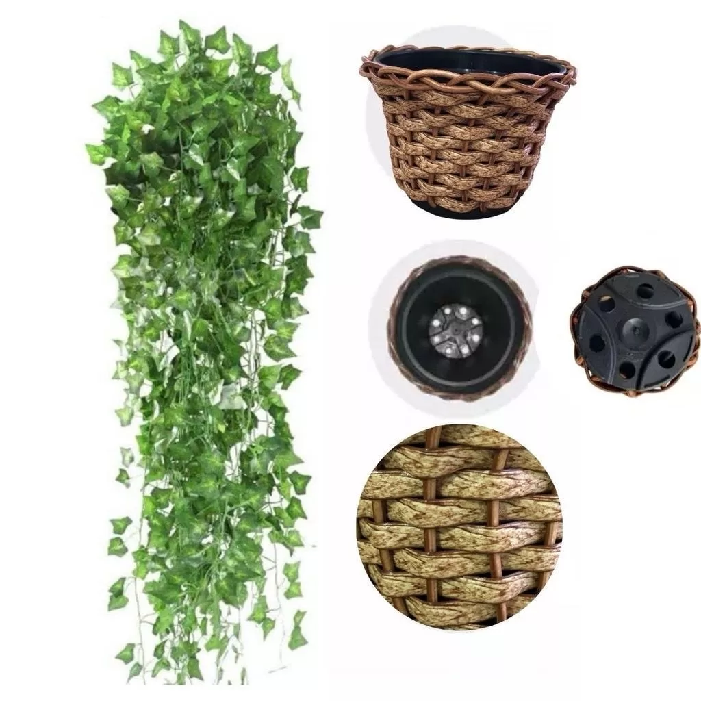 1 Kit Vaso trançado + 2 Planta Pendurada Verde  Artificial Parede Varanda pendente verde caida Enfei