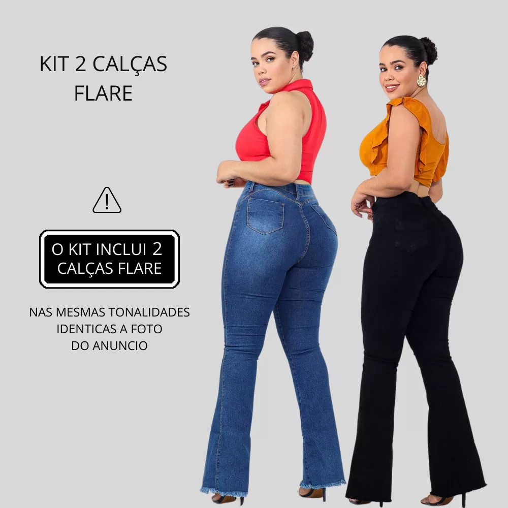 Kit 02 Calças Jeans Feminina Flare Barra Desfiada Modelagem Levanta Bumbum  Boca de Sino Lycra