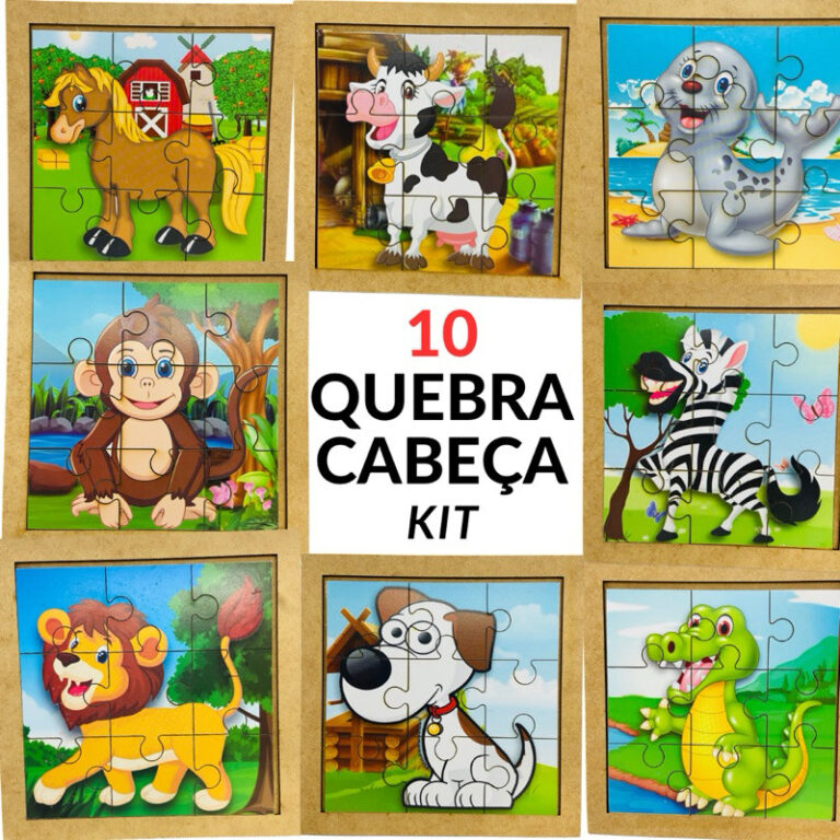 Kit 10 Quebra Cabeça em Mdf 9 Peças Jogo Pedagó