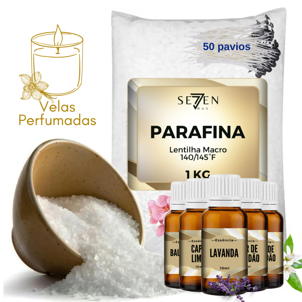 Kit Parafina 1kg + Essência + 50 Pavios para velas Artesnais