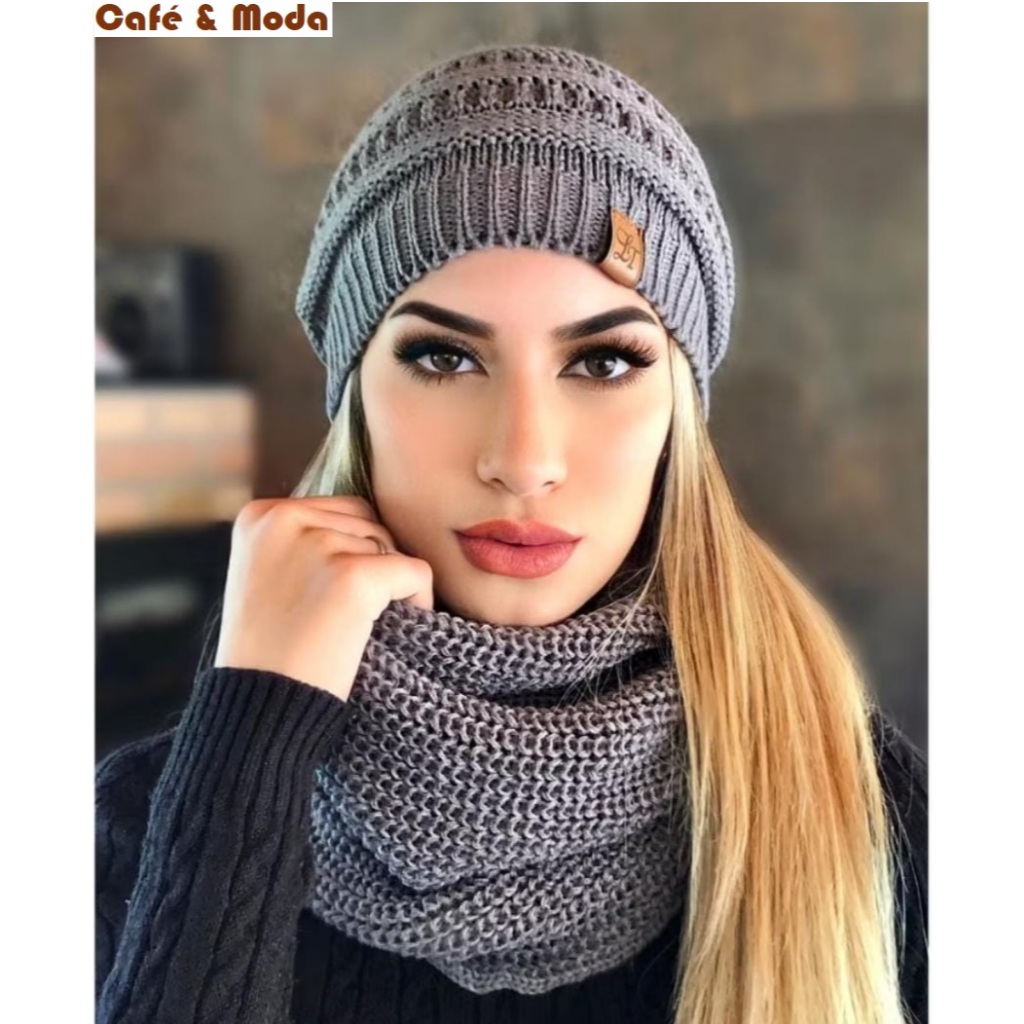 Conjunto Unissex Gorro Touca + Gola Cachecol Infinito Tricot Lã Macio Nova Tendência Moda De Inverno