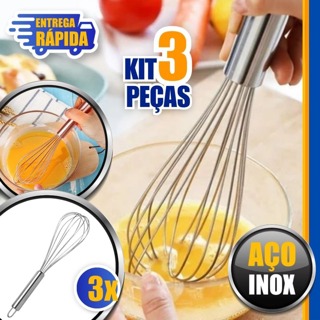 KIT 3 Batedor de Ovo e Massas Em Aço Inox Fouet Fue Profissional Mixer Manual 30cm
