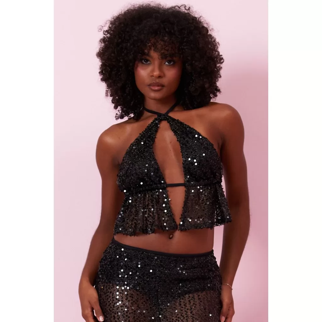 Blusa Feminina em Paetê Frente Única Planet Girls Preto