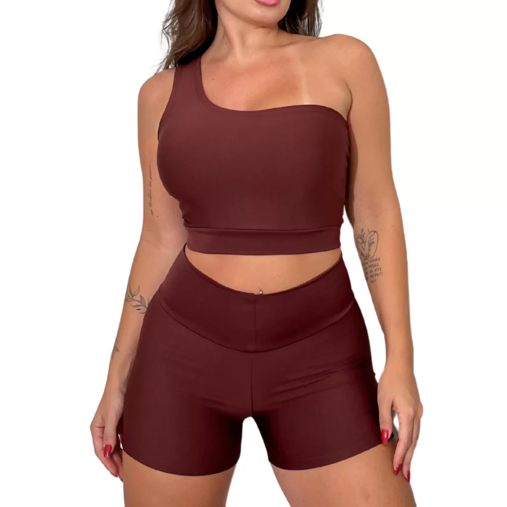 Conjunto Feminino Short Cintura Alta + Top ombro a mostra marrom modinha academia
