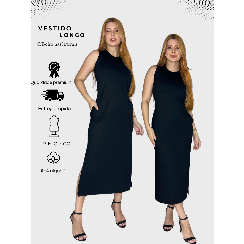 Vestido Feminino Longo Com Bolso Cavado Moda Blogueira Estilosa 100% Algodão