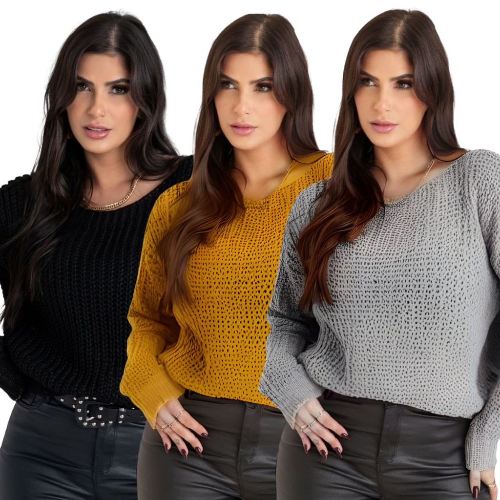 Kit 3 Blusa Tricot Feminina Suéter Inverno Manga Longa Frio