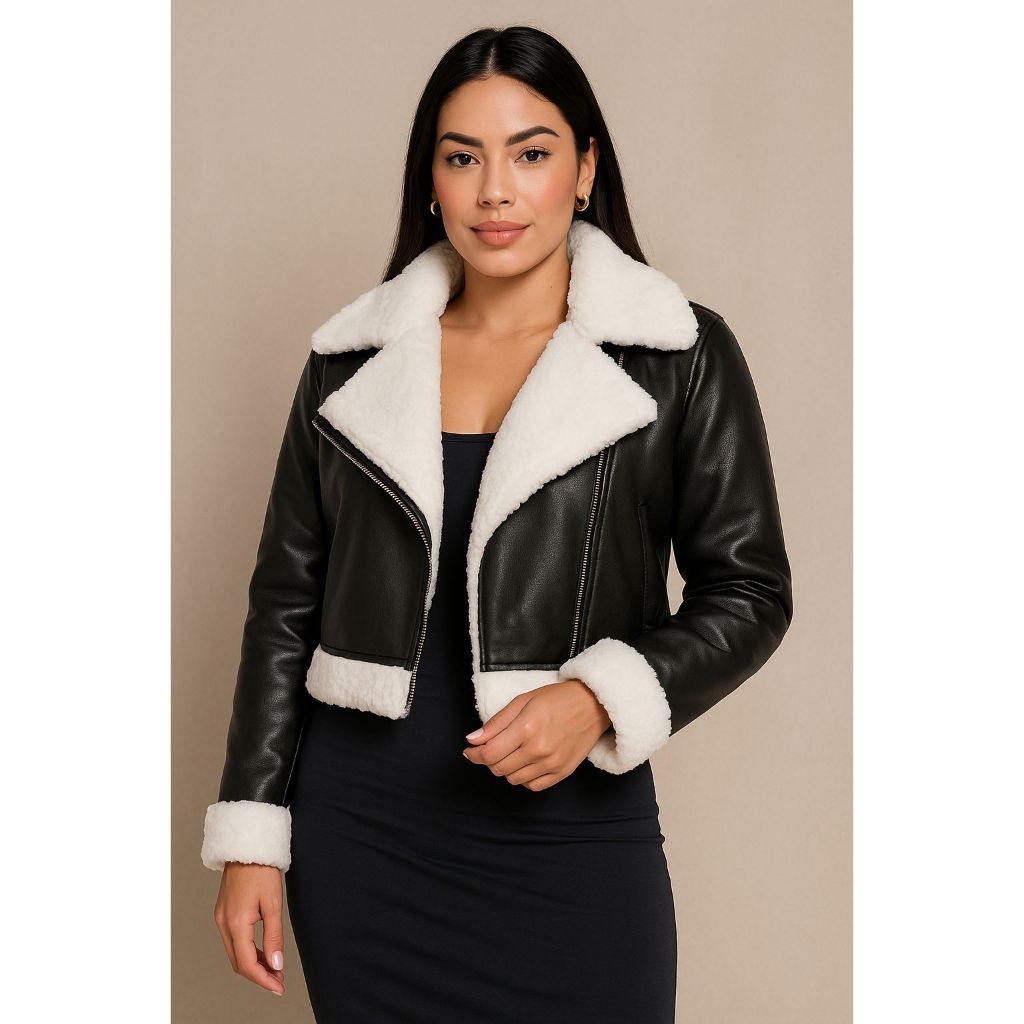 Jaqueta Feminina Curta Couro Pu Com Forro Pele De Carneiro Interno Ziper Outono Inverno