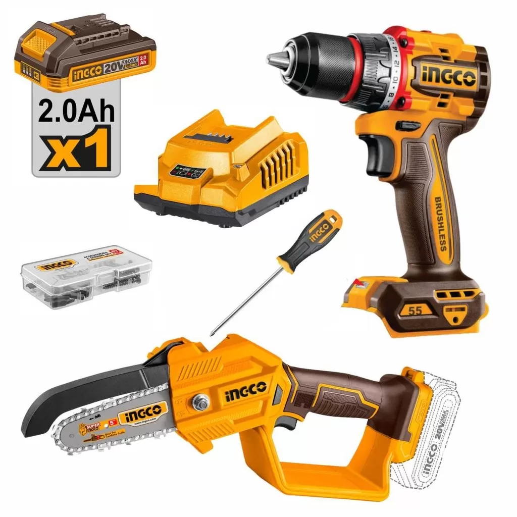 Kit Parafusadeira e Mini Moto Serra Elétrica Com Bateria e Carregador Ingco