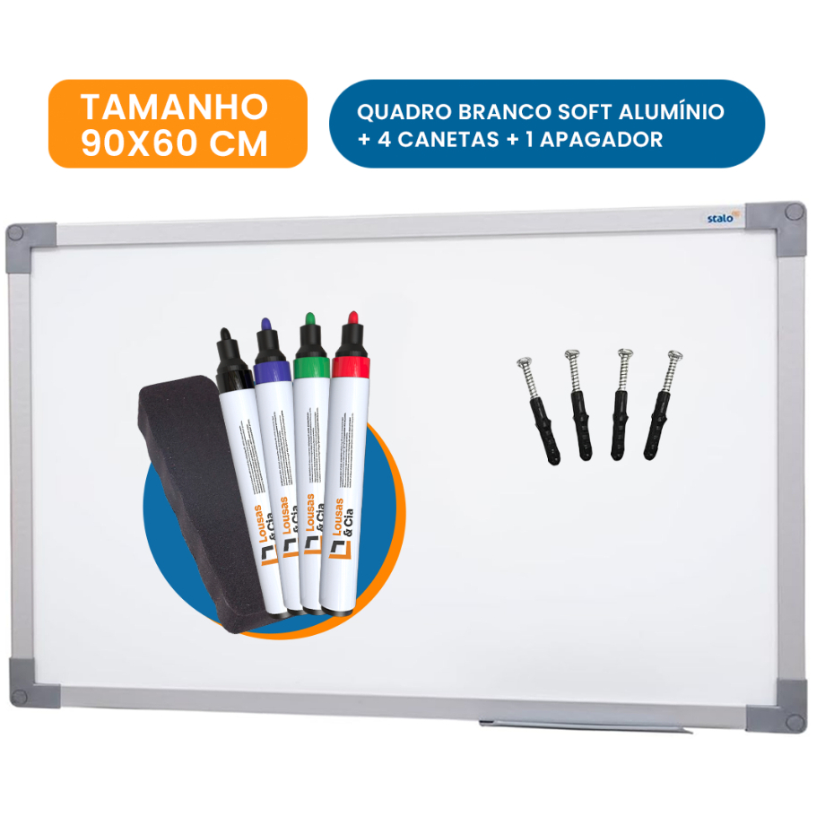 Quadro Branco Lousa 90x60cm + 4 Canetas + Kit Instalação + 1 Apagador Grátis