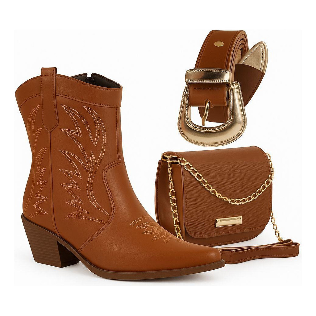 Bota Country Feminina Western Bico Fino Salto Médio + Bolsa e Cinto Rodeio