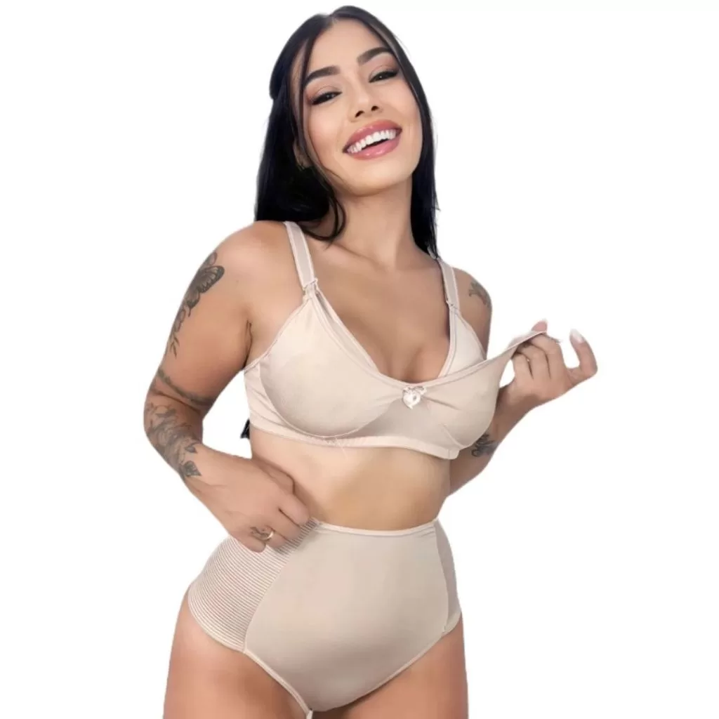 Sutiã Amamentar + Calcinha Cós Alto Confortável  Reforçado pós parto modeladora click fácil sem bojo