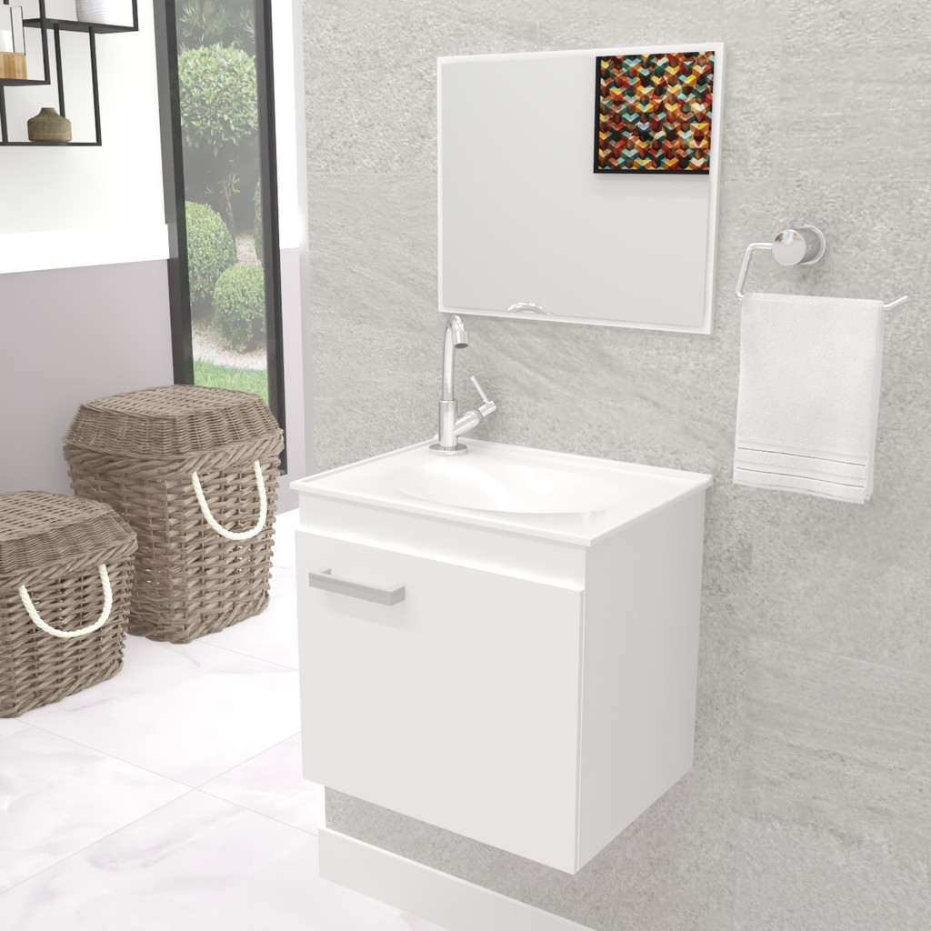 Gabinete Armário Pia Para Banheiro Com Cuba E Espelheira Bari Branco Completo