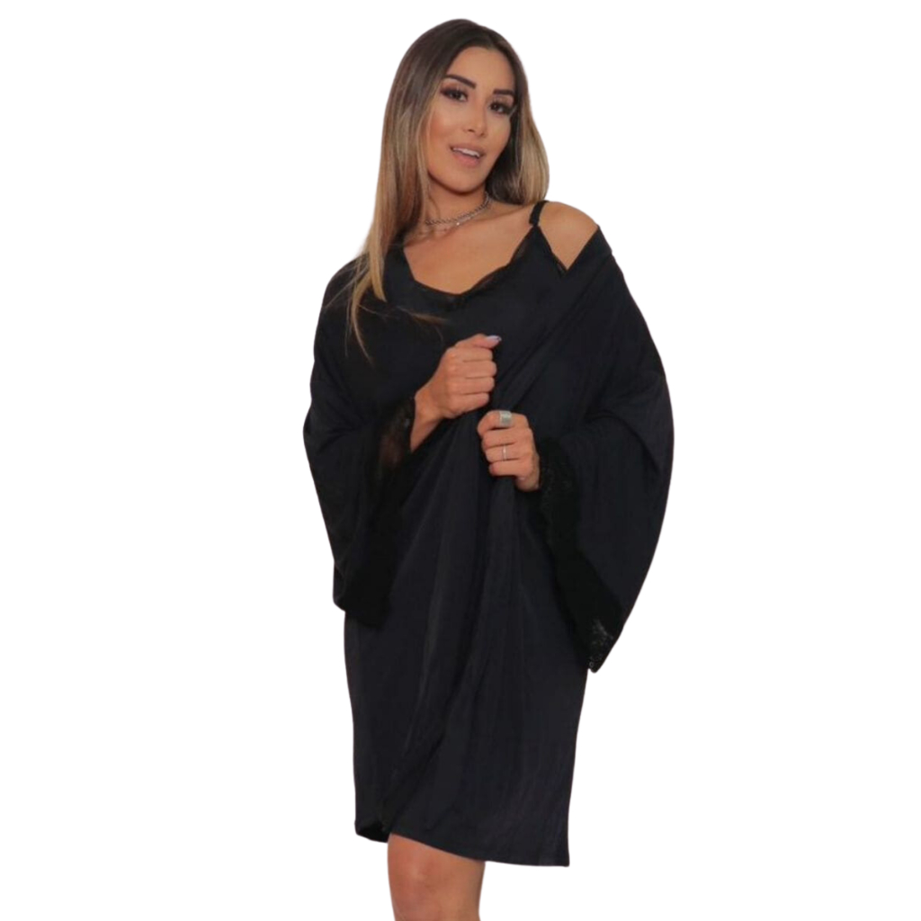 Robe Roupão Com Renda Feminina Linha Sofisticada Preto