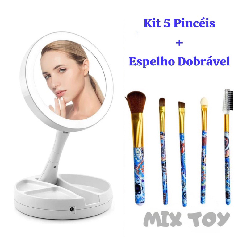 Kit Espelho Maquiagem + 5 Pincéis Espelho Duplo Led Mesa Portátil Dobrável Zoom 10x