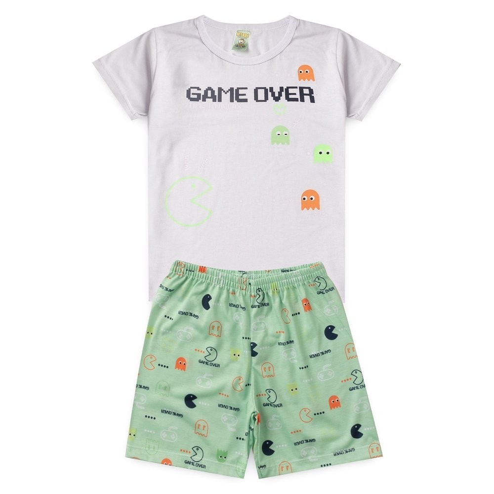Pijama Infantil Menino Verão Divertido com a Estampa Game Over Branco
